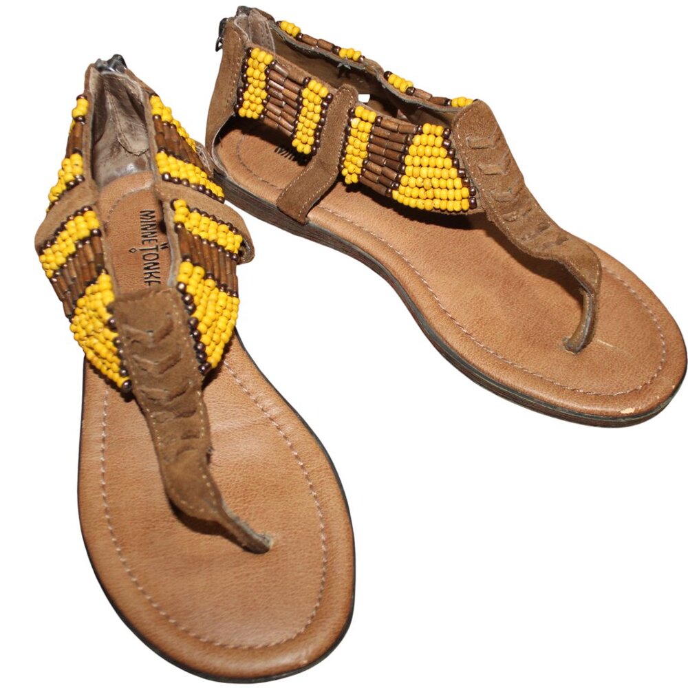 MINNETONKA Ibiza Gladiator Sandals Sz 6 Leather Beaded Ankle Shoes Suede Boho